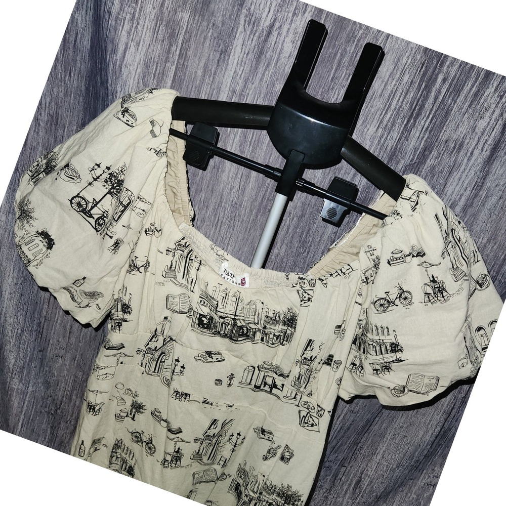 Tulip Creations Black & Beige‎ Print Dress Puff Sleeve Smocked Mini Sundress L